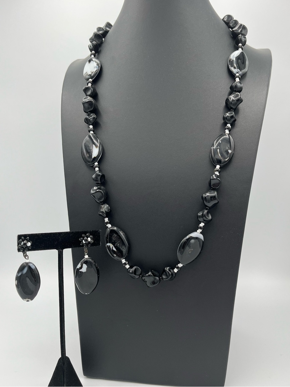 Signed Miriam Haskell Black‑White Glass Necklace & Earrings Set, Mint Condition